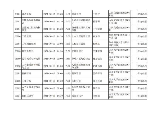 四川2021年10月自考考试计划安排课表