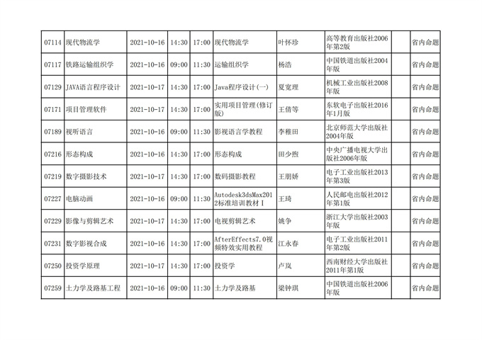 四川2021年10月自考考试计划安排课表